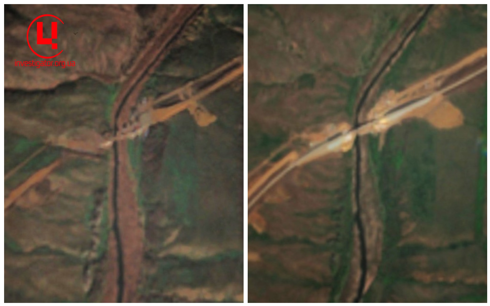 Железнодорожный мост вблизи Гранитного 14 ноября 2023 год (слева) и 22 апреля 2024 год